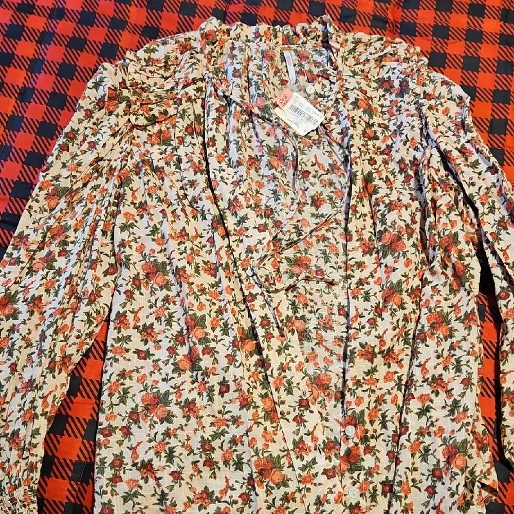 Free People Floral Button Down Shirt - Red and Green